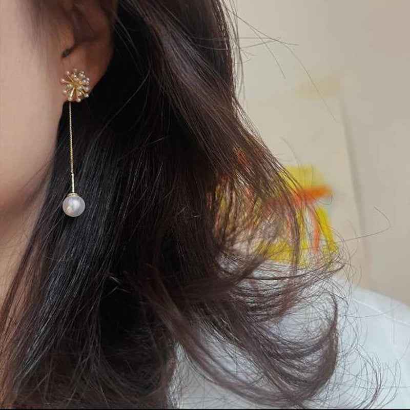 Copper Alloy Commuter Stud Earrings for Women – New Long Pearl Popcorn Smoke Drop Earrings, High-End Light Luxury Style with S925 Sterling Silver Posts.
