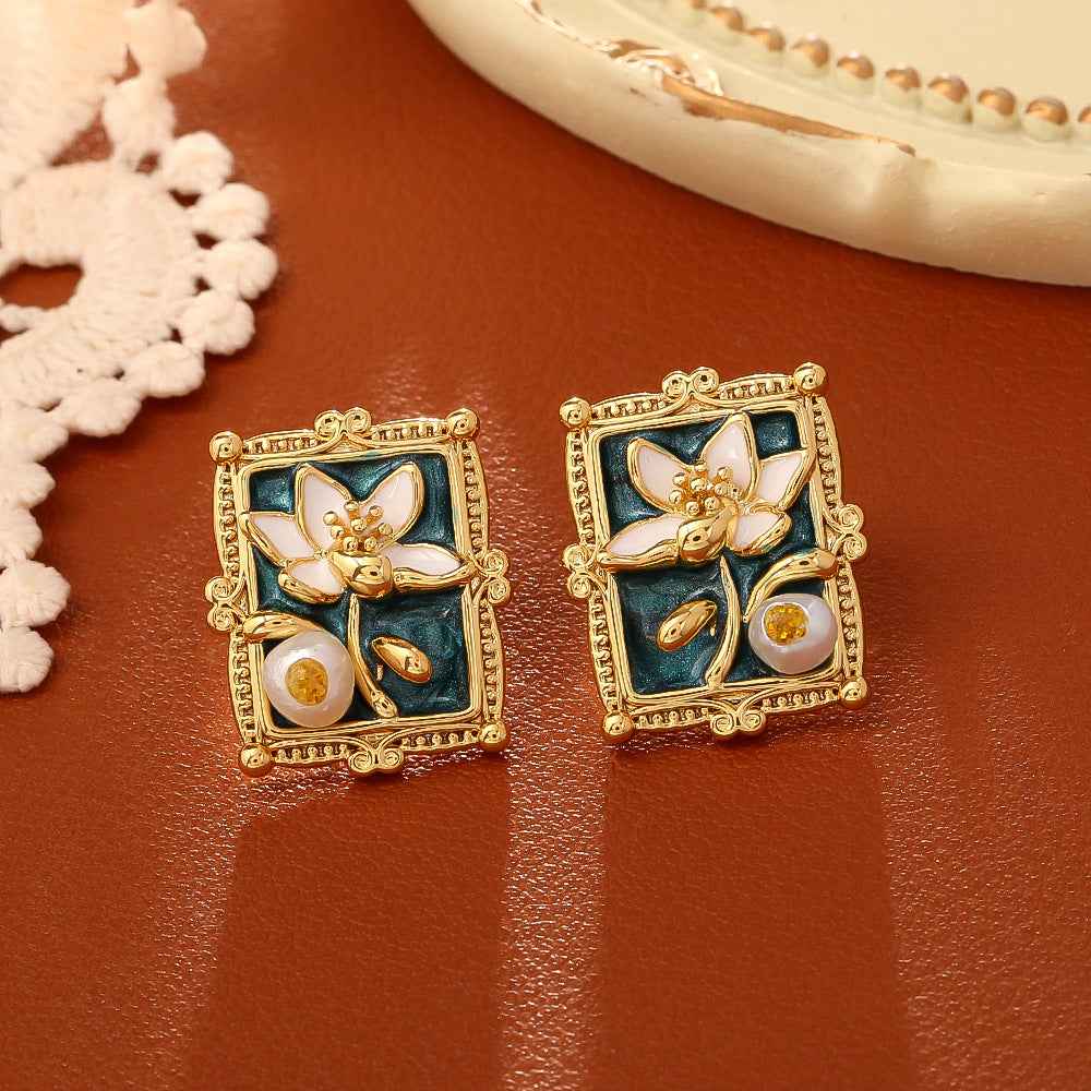 Monet Garden Inspired Vintage Natural Pearl Stud Earrings: European-American Retro Elegance, High-End Goddess-Vibe, Oil Painting Style Accessories.