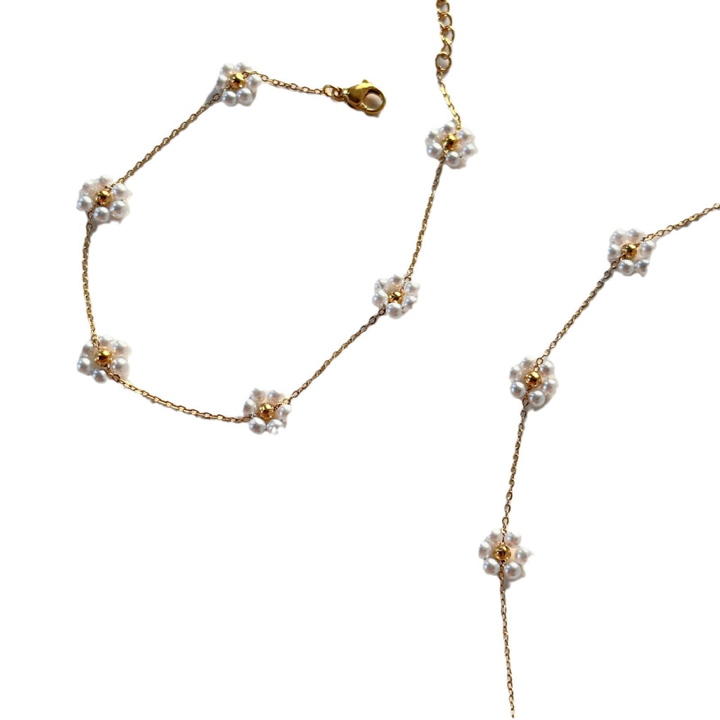 Summer pearl flower necklace fashion titanium steel necklace waist chain anklet set gold-plated titanium steel