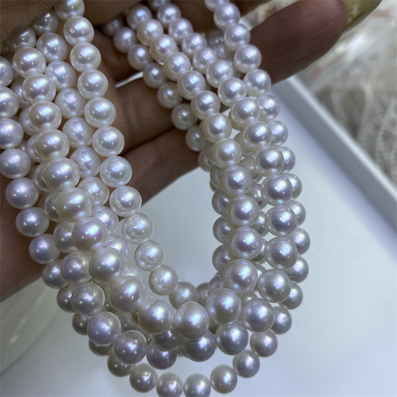 High-grade near-round natural freshwater pearls 7-8mm strong light comparable to Japan's Akoya seawater pearl necklace work in progress
