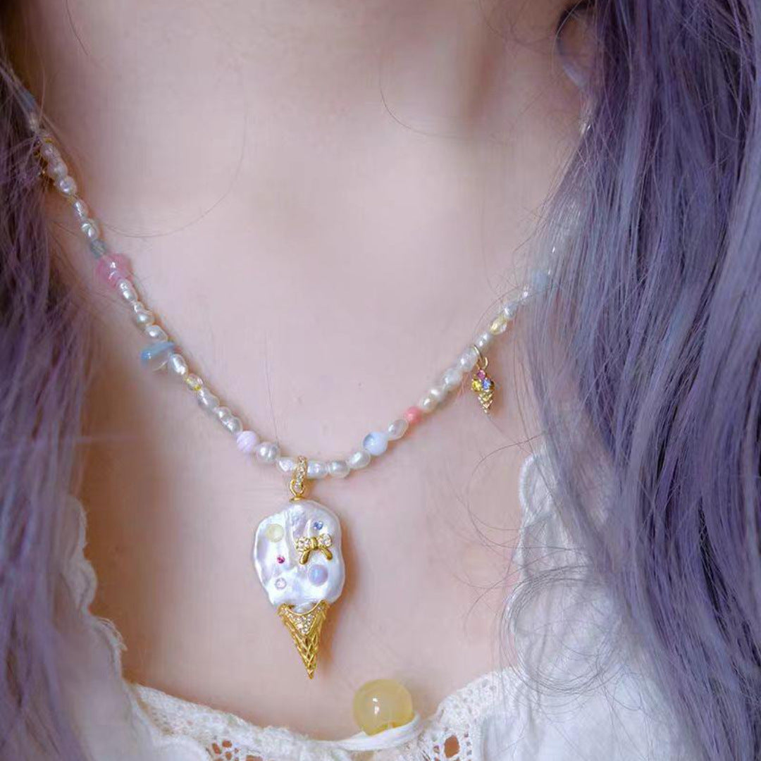 European and American new pearl ice cream necklace niche dly pendant necklace collarbone chain electroplated 18k gold