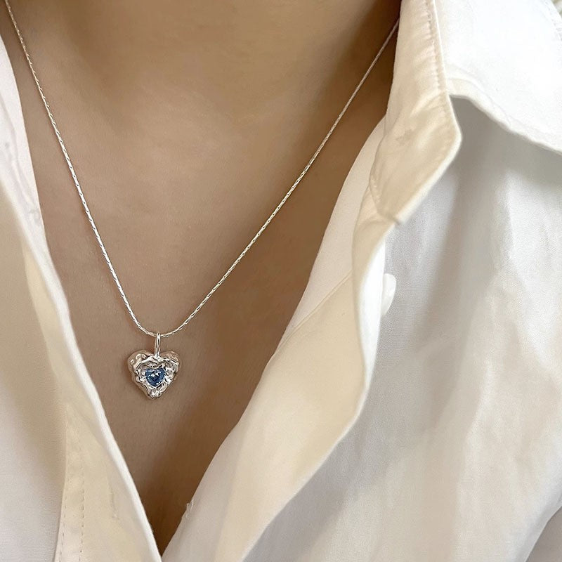 [Special Offer Products] Niche Simple Style Plain Silver Pearl Sapphire Necklace Women's ins Versatile Collarbone Chain Premium Jewelry