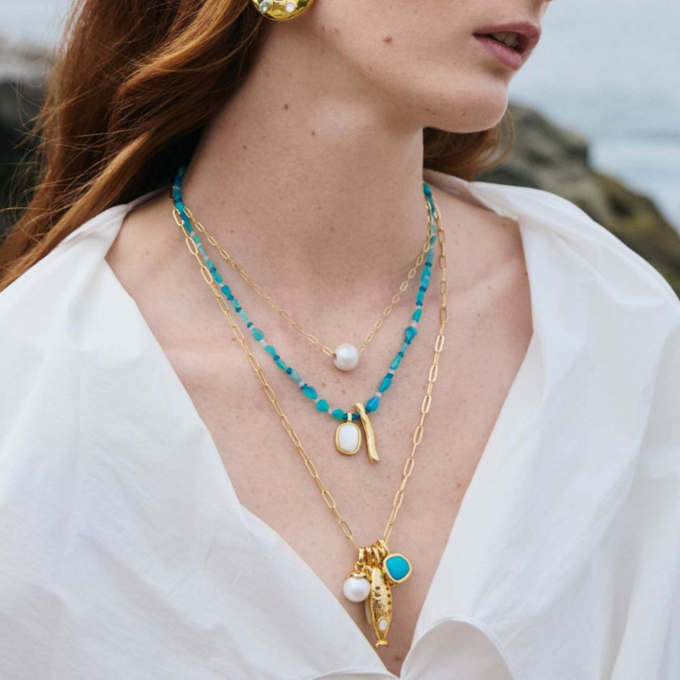 Summer Beach Series Small Fish Pearl Pendant Necklace Earrings Ocean Natural Pearl Baroque Collarbone Chain