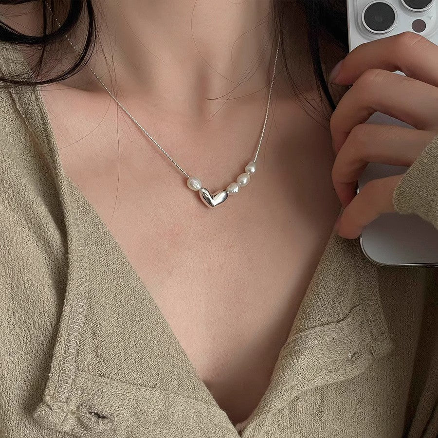 [Special Offer Products] Niche Simple Style Plain Silver Pearl Sapphire Necklace Women's ins Versatile Collarbone Chain Premium Jewelry
