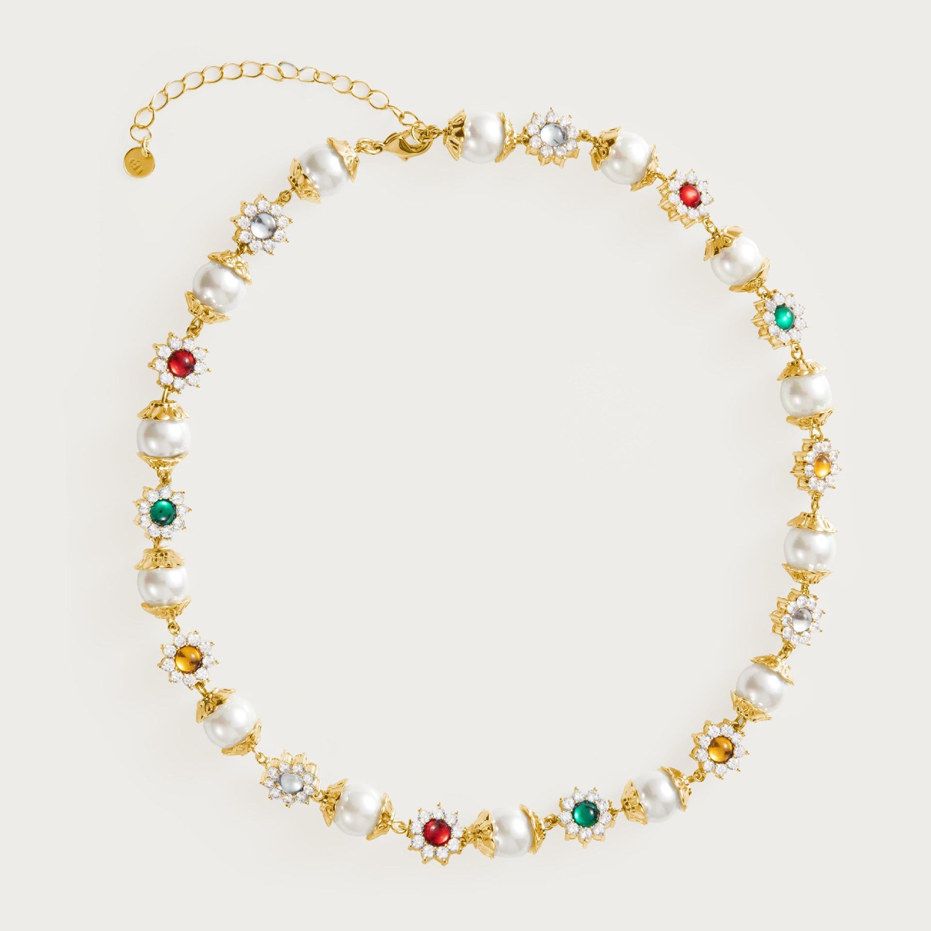 New INS Hot Sale Pearl Flower Diamond Colored Gemstone Niche Fashion Versatile Electroplated 18k Gold Necklace
