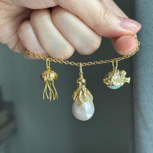 Summer Beach Series Small Fish Pearl Pendant Necklace Earrings Ocean Natural Pearl Baroque Collarbone Chain