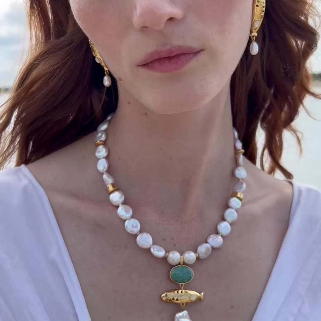 Summer Beach Series Small Fish Pearl Pendant Necklace Earrings Ocean Natural Pearl Baroque Collarbone Chain