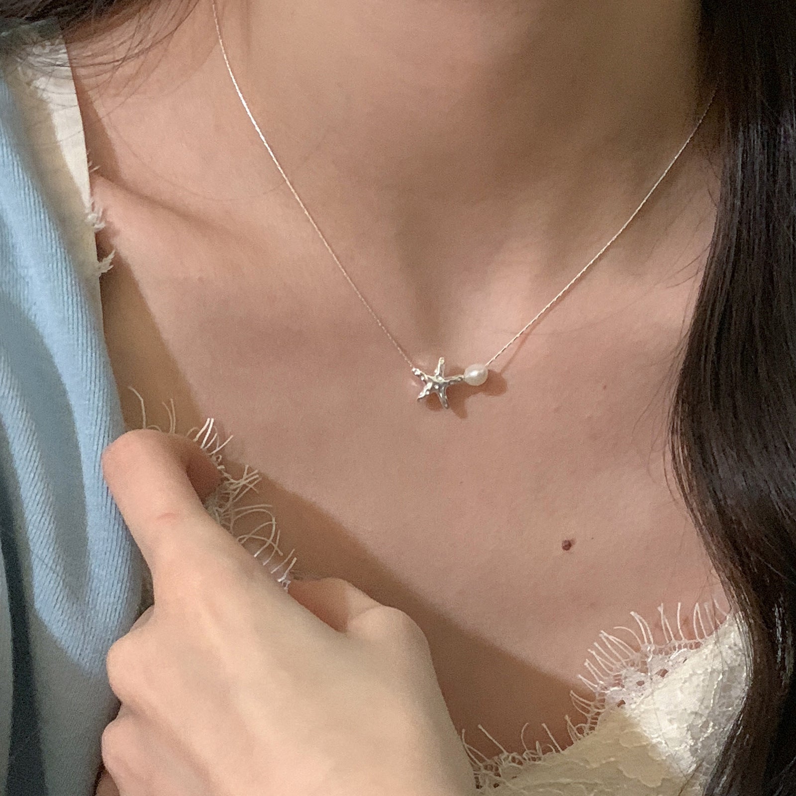 [Special Offer Products] New Silver-plated Starfish Pearl Necklace Women's Premium Design Light Luxury Small Starfish Texture Pentagram Clavicle Chain