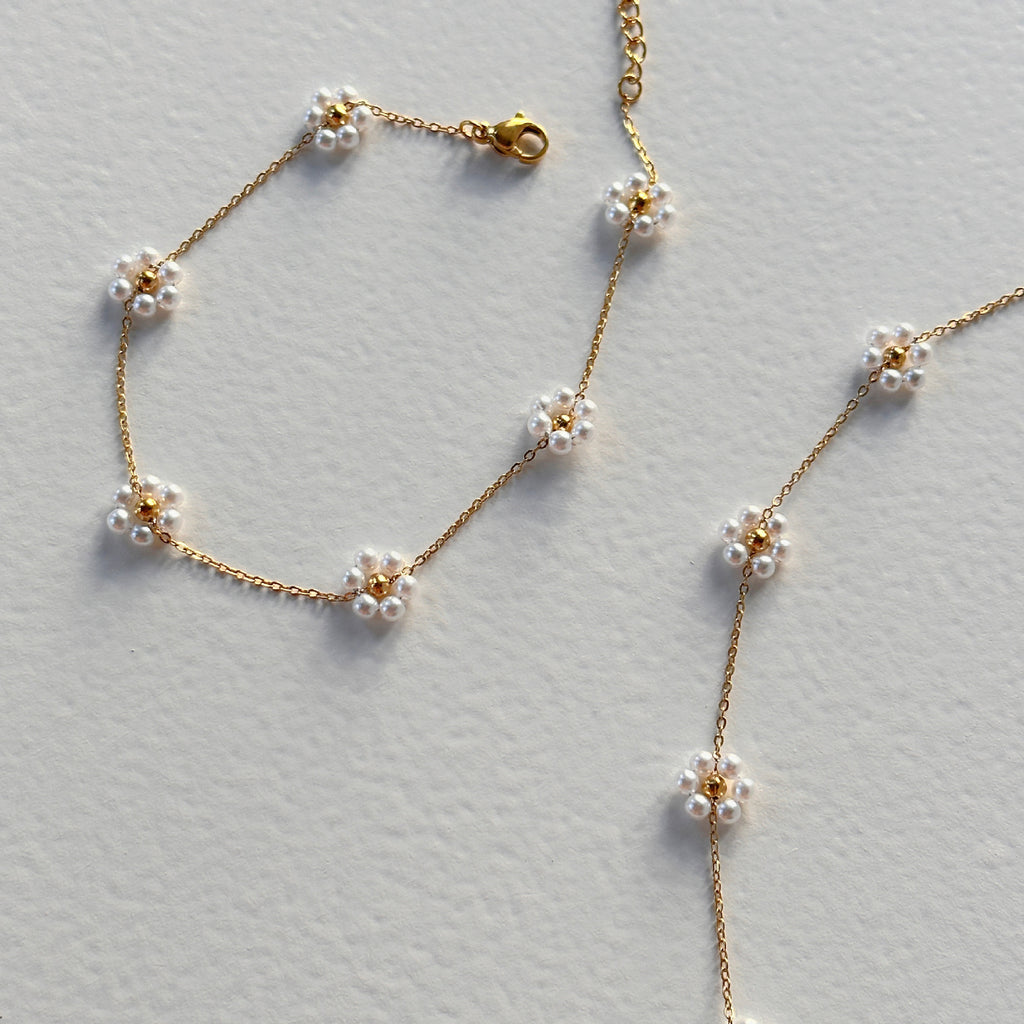 Summer pearl flower necklace fashion titanium steel necklace waist chain anklet set gold-plated titanium steel