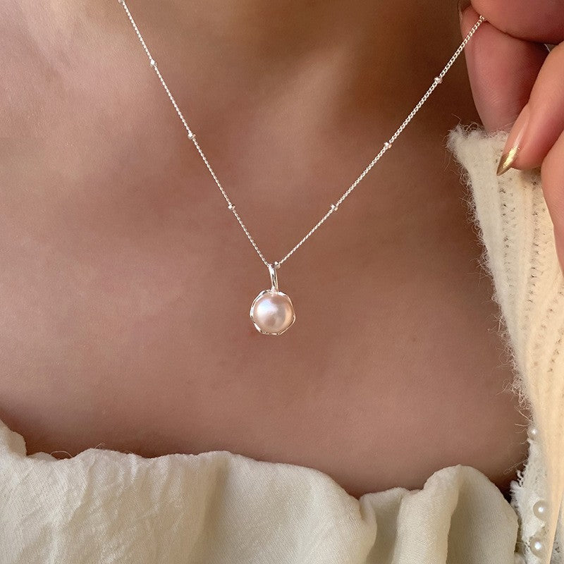 [Special Offer Products] Niche Simple Style Plain Silver Pearl Sapphire Necklace Women's ins Versatile Collarbone Chain Premium Jewelry
