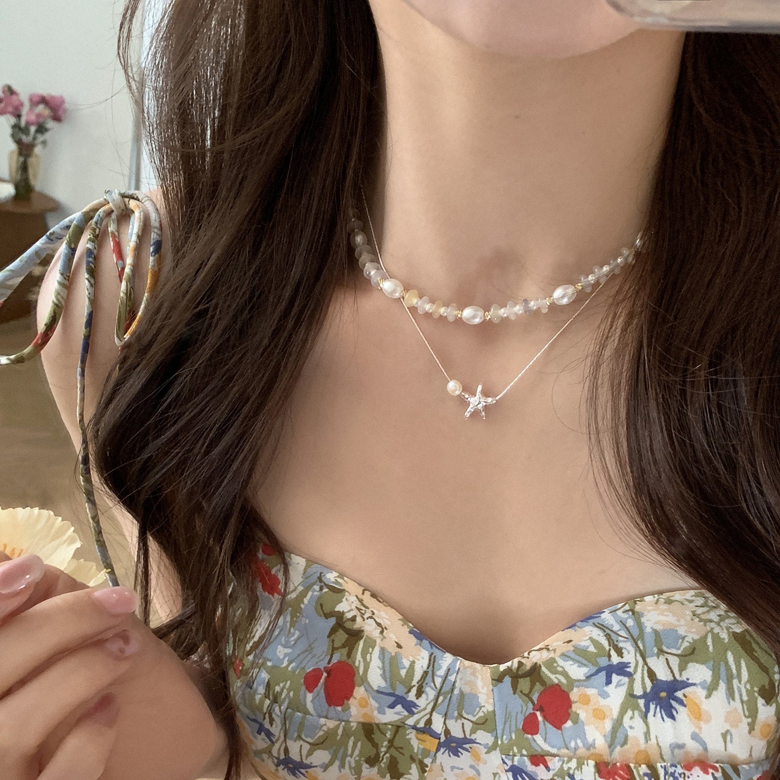 [Special Offer Products] New Silver-plated Starfish Pearl Necklace Women's Premium Design Light Luxury Small Starfish Texture Pentagram Clavicle Chain