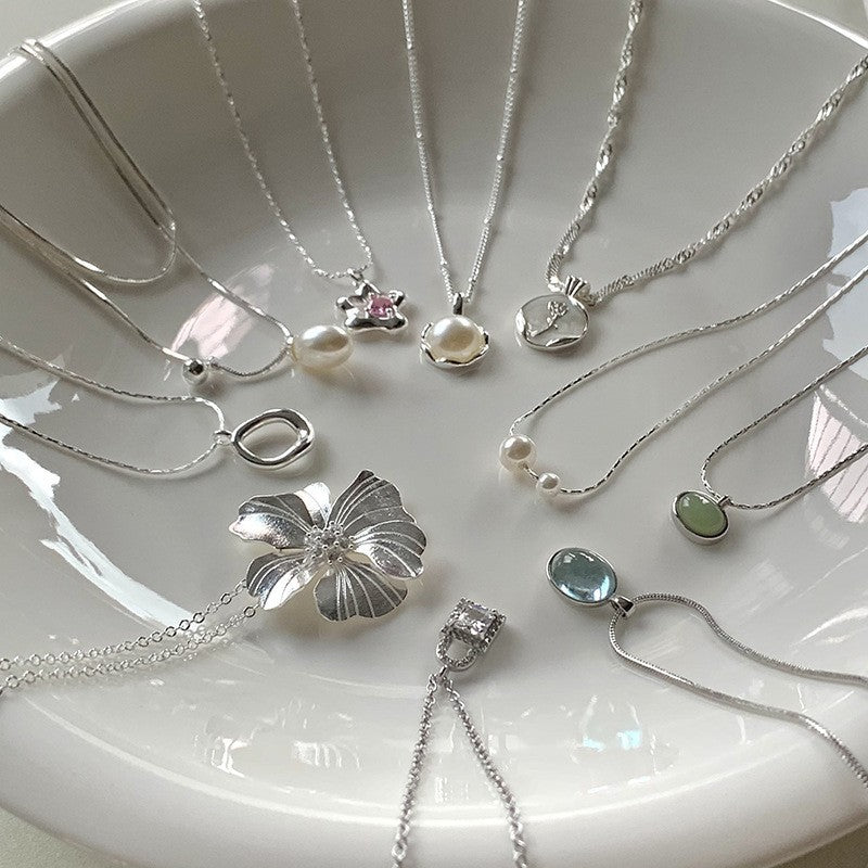 [Special Offer Products] Niche Simple Style Plain Silver Pearl Sapphire Necklace Women's ins Versatile Collarbone Chain Premium Jewelry