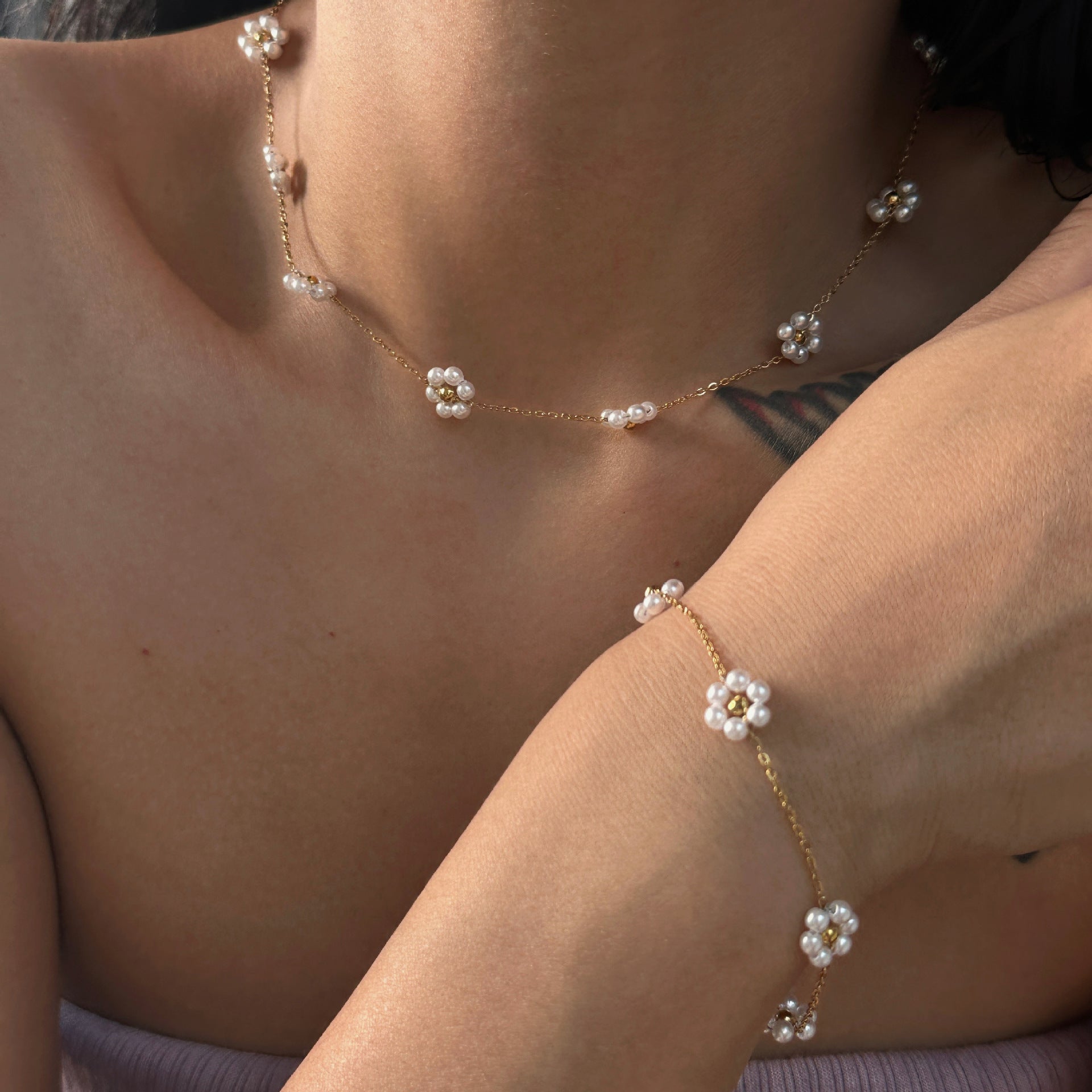 Summer pearl flower necklace fashion titanium steel necklace waist chain anklet set gold-plated titanium steel
