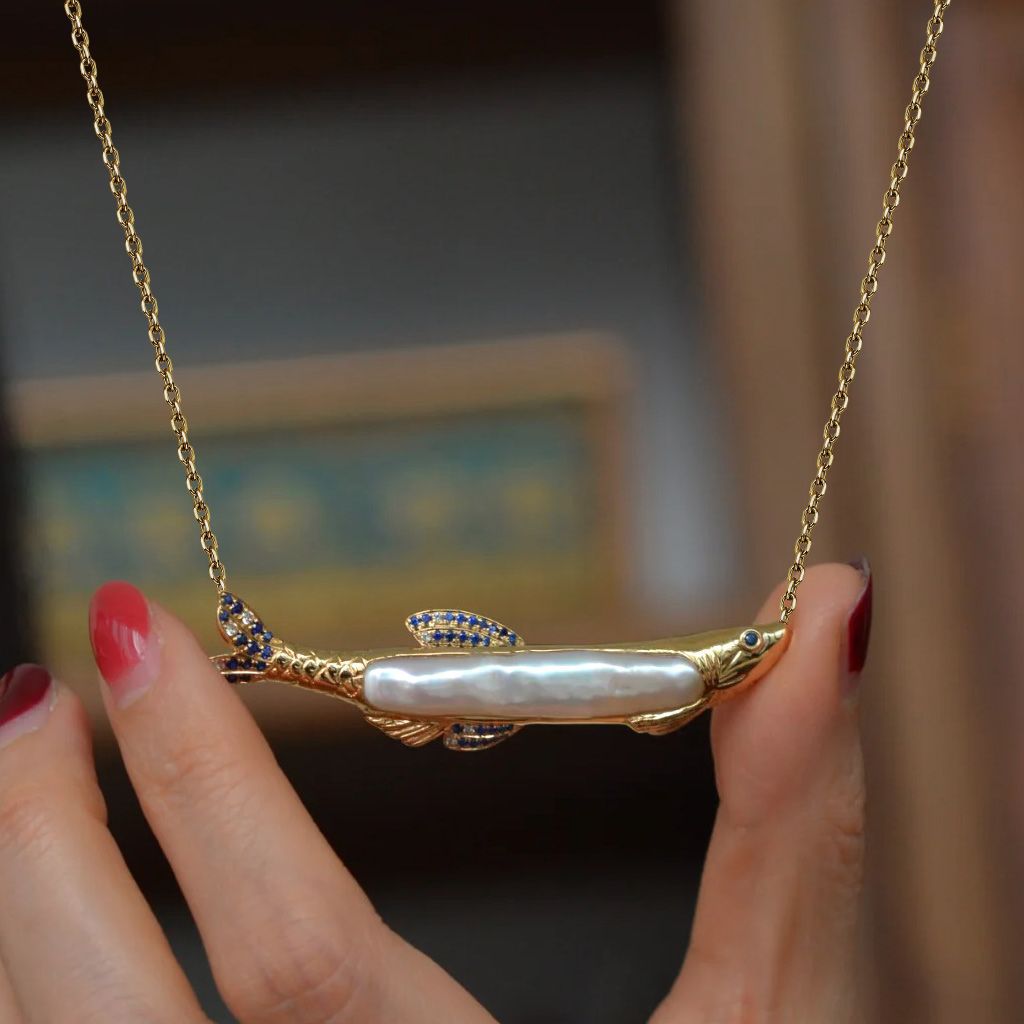 European and American summer new diamond-encrusted pearl fish necklace cute pearl rabbit pendant necklace furnace vacuum electroplating gold