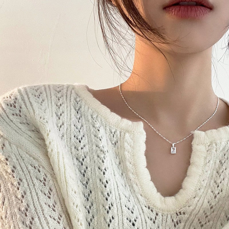 [Special Offer Products] Niche Simple Style Plain Silver Pearl Sapphire Necklace Women's ins Versatile Collarbone Chain Premium Jewelry