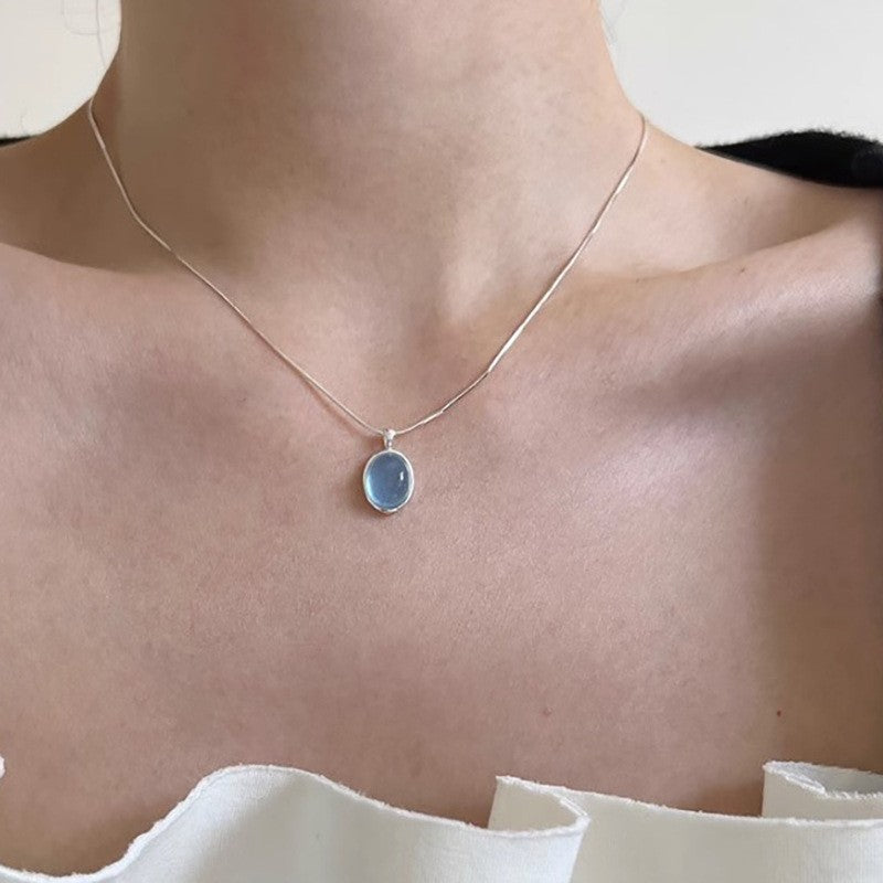 [Special Offer Products] Niche Simple Style Plain Silver Pearl Sapphire Necklace Women's ins Versatile Collarbone Chain Premium Jewelry