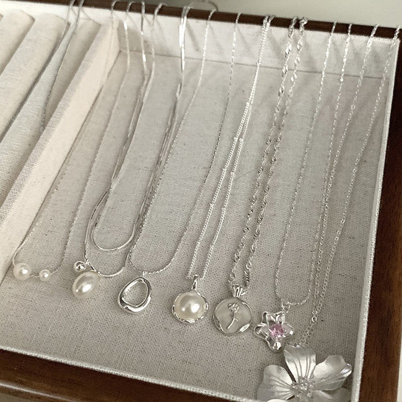 [Special Offer Products] Niche Simple Style Plain Silver Pearl Sapphire Necklace Women's ins Versatile Collarbone Chain Premium Jewelry