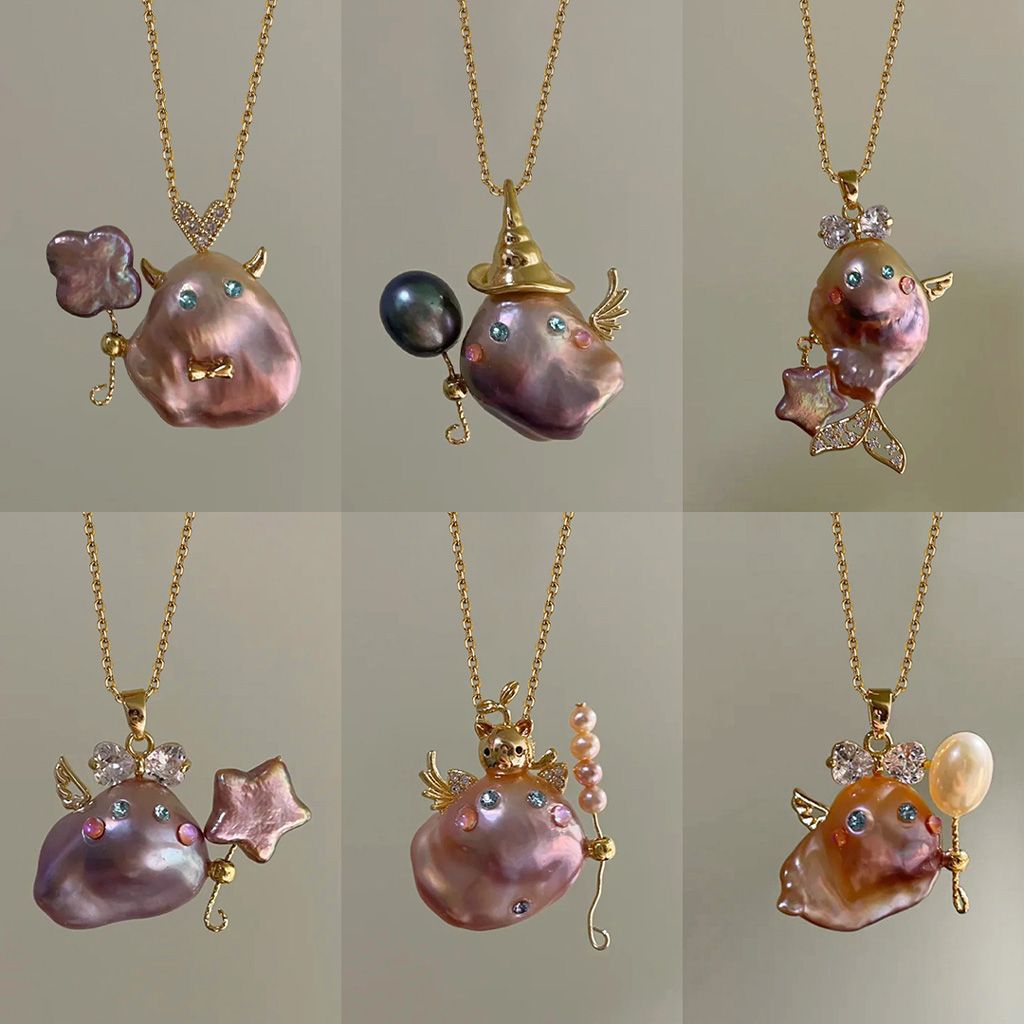 Sea World Little Witch Necklace Natural Pearl Big Head Fish Pendant Ornament Goldfish Kiss Fish Collarbone Chain