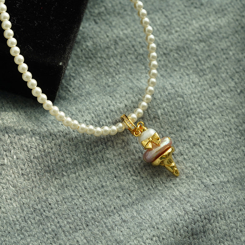 Fashion Baroque Pearl Ice Cream Buckle Pendant Necklace Women's Light Luxury Niche Design Clavicle Chain