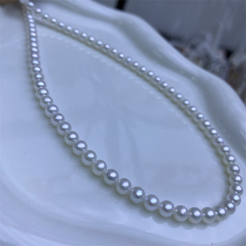 Natural freshwater 4-5mm white bright akoya nearly round pearl necklace baby beads collarbone chain wholesale work in progress