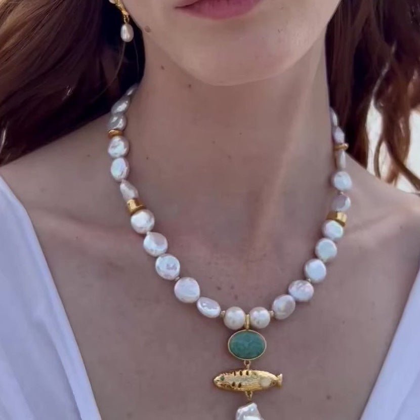 Summer Beach Series Small Fish Pearl Pendant Necklace Earrings Ocean Natural Pearl Baroque Collarbone Chain