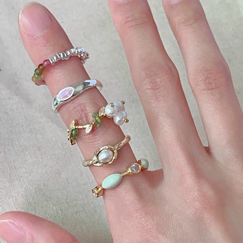 [Special Offer Products] Niche Design High-end Pearl Enamel Decorative Ring Women's Fashion Cute Beaded Versatile Elastic Rope Index Finger Ring