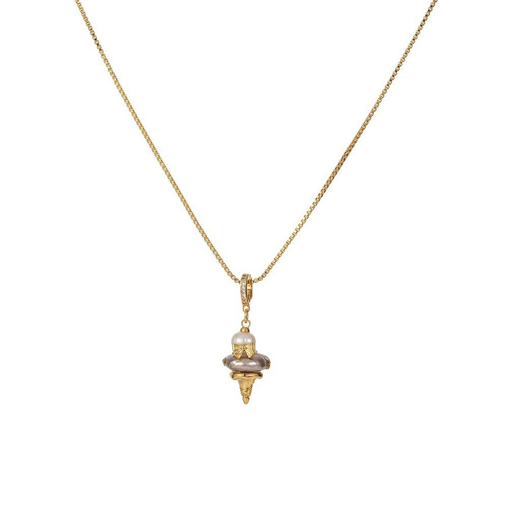 Fashion Baroque Pearl Ice Cream Buckle Pendant Necklace Women's Light Luxury Niche Design Clavicle Chain