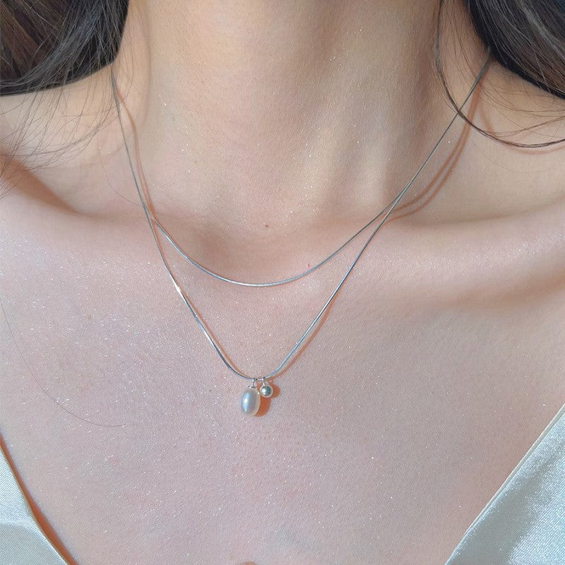 [Special Offer Products] Niche Simple Style Plain Silver Pearl Sapphire Necklace Women's ins Versatile Collarbone Chain Premium Jewelry