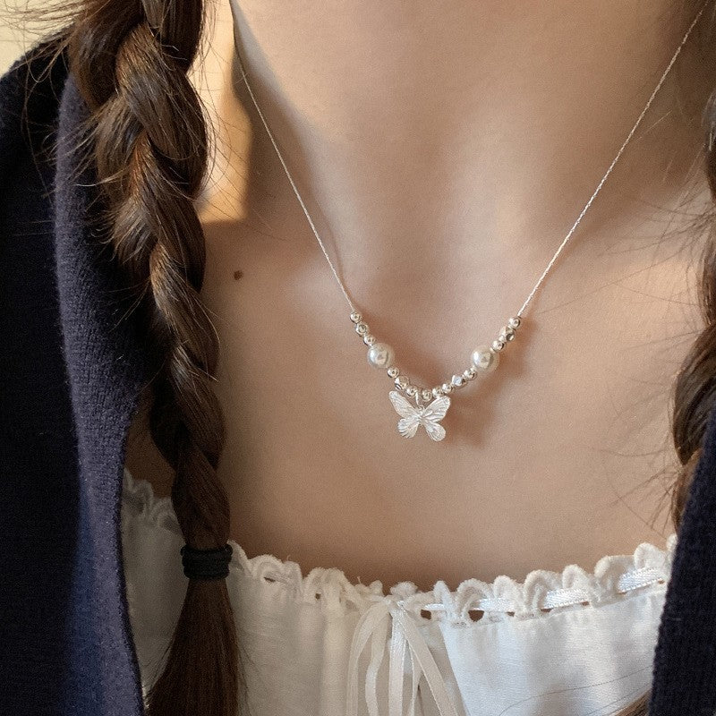 [Special Offer Products] Niche Simple Style Plain Silver Pearl Sapphire Necklace Women's ins Versatile Collarbone Chain Premium Jewelry