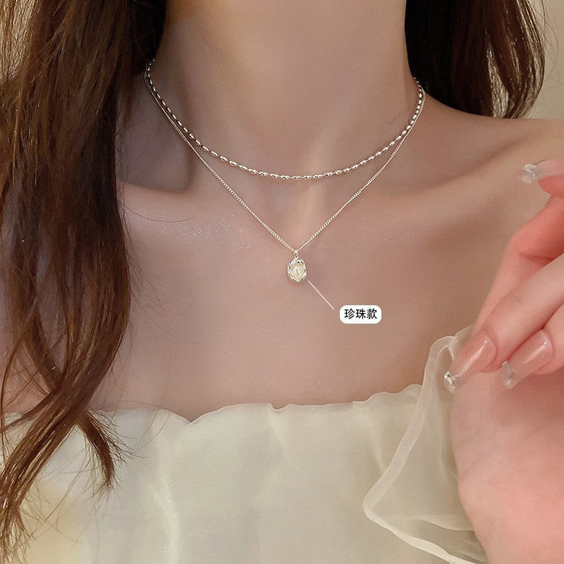 [Special Offer Products] Niche Simple Style Plain Silver Pearl Sapphire Necklace Women's ins Versatile Collarbone Chain Premium Jewelry