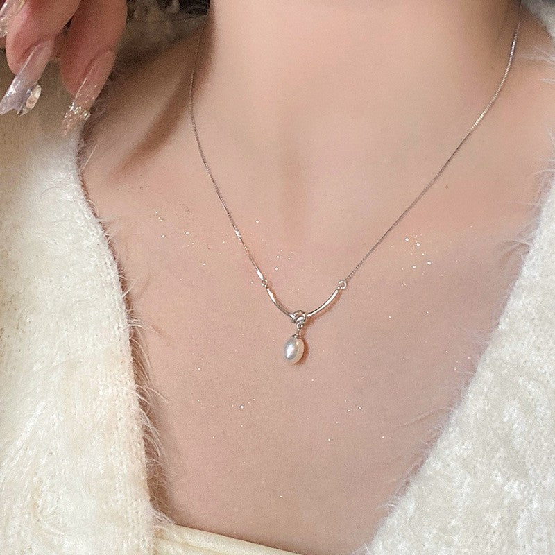 [Special Offer Products] Niche Simple Style Plain Silver Pearl Sapphire Necklace Women's ins Versatile Collarbone Chain Premium Jewelry