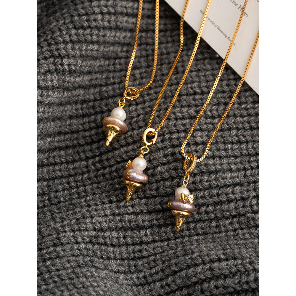 Fashion Baroque Pearl Ice Cream Buckle Pendant Necklace Women's Light Luxury Niche Design Clavicle Chain