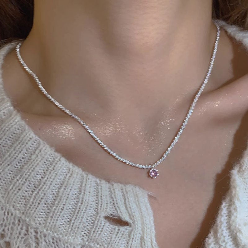 [Special Offer Products] Niche Simple Style Plain Silver Pearl Sapphire Necklace Women's ins Versatile Collarbone Chain Premium Jewelry