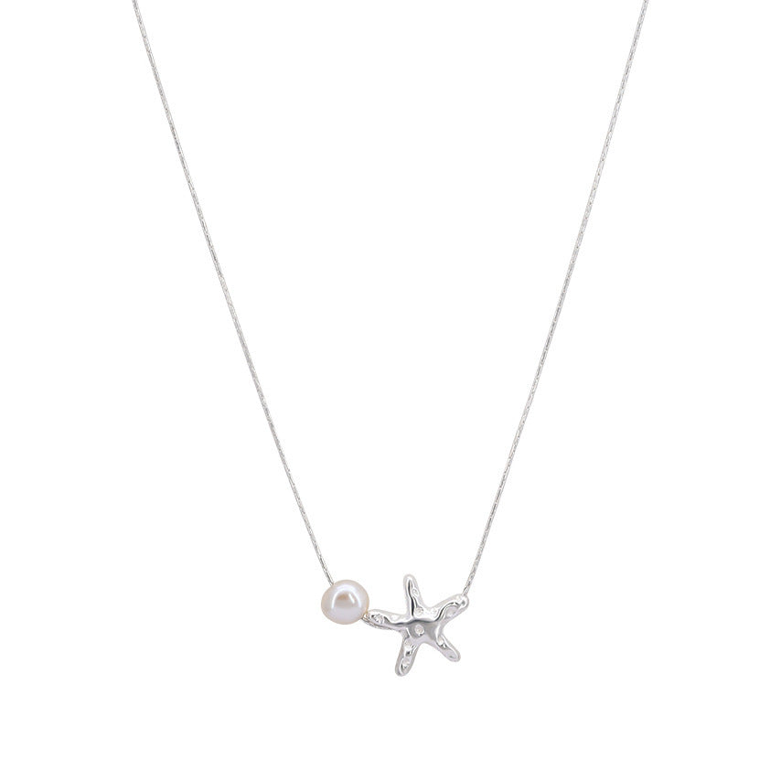 [Special Offer Products] New Silver-plated Starfish Pearl Necklace Women's Premium Design Light Luxury Small Starfish Texture Pentagram Clavicle Chain