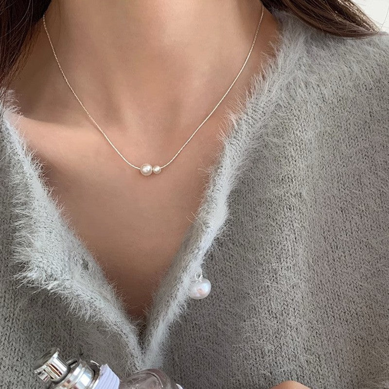 [Special Offer Products] Niche Simple Style Plain Silver Pearl Sapphire Necklace Women's ins Versatile Collarbone Chain Premium Jewelry