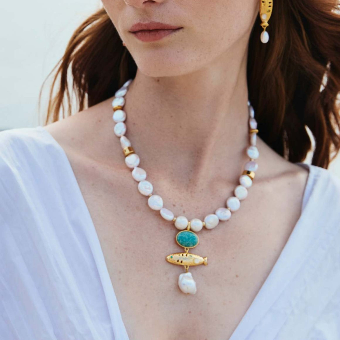 Summer Beach Series Small Fish Pearl Pendant Necklace Earrings Ocean Natural Pearl Baroque Collarbone Chain
